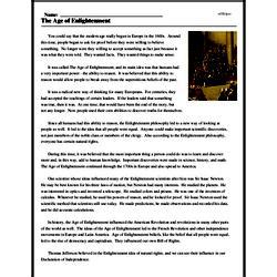The Age Of Enlightenment Reading Comprehension Worksheet Age Of Enlightenment Worksheet - Age Of Enlightenment Worksheet