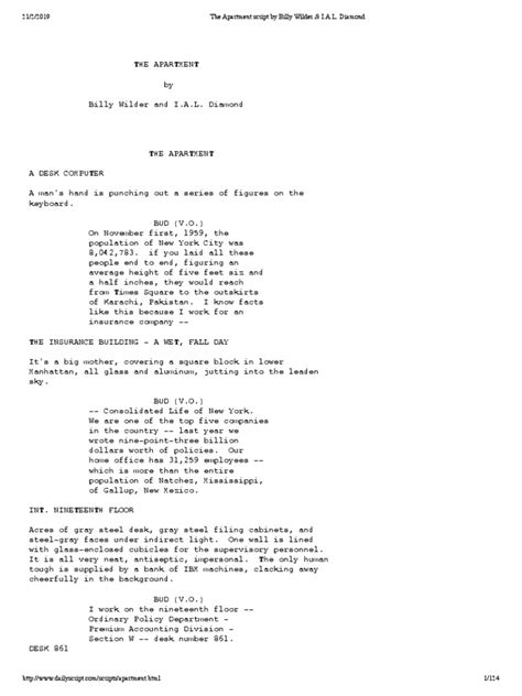 The Apartment Script By Billy Wilder I A L Diamond
