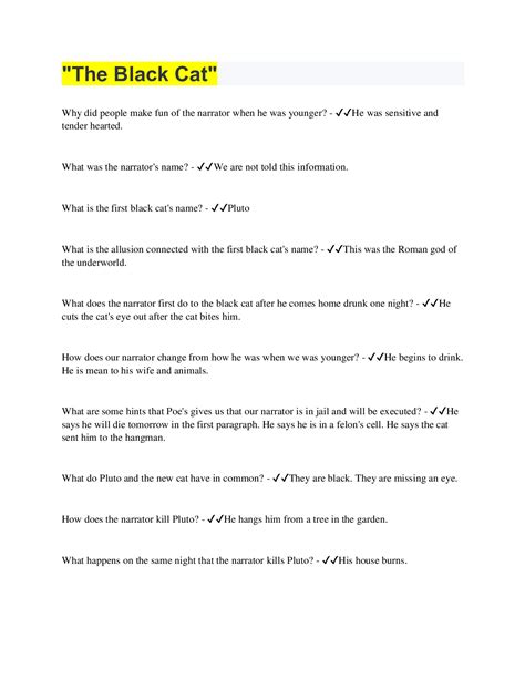 The Black Cat Questions Worksheet Answers   Grade 1 Understanding Text Worksheets - The Black Cat Questions Worksheet Answers