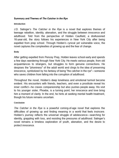 The Catcher Rye Summary