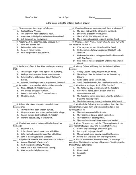 The Crucible Act 2 Quiz Fill In The Character Worksheet The Crucible Answers - Character Worksheet The Crucible Answers
