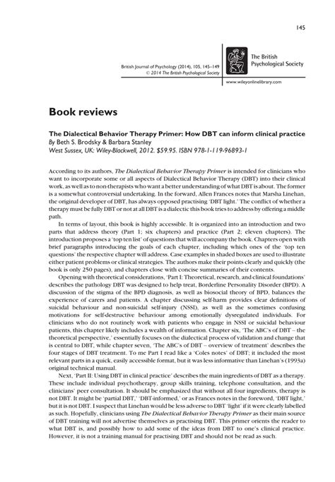 The Dialectical Behavior Therapy Primer How Dbt Can Inform Clinical Practice Author Barbara B Stanley Published On July 2013