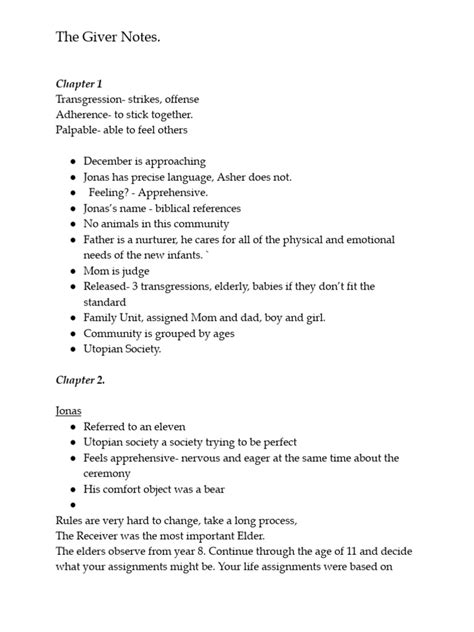 The Giver Chapter Notes