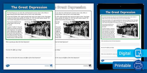 The Great Depression 4th Grade Reading Comprehension Worksheet The Great Depression Worksheet - The Great Depression Worksheet