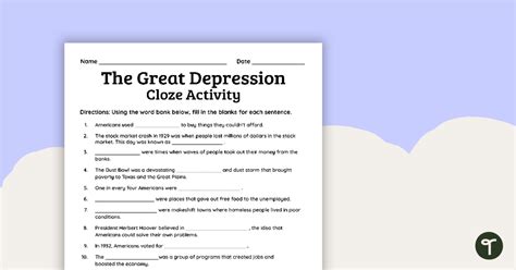 The Great Depression Cloze Passage Worksheet Teach Starter The Great Depression Worksheet - The Great Depression Worksheet