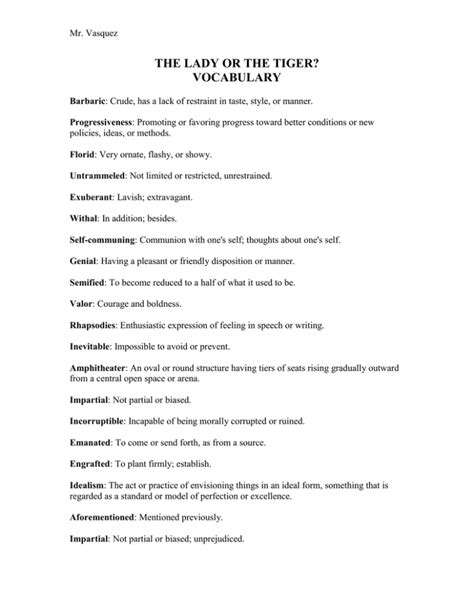 The Lady Or The Tiger Vocabulary Worksheet Free The Lady Or The Tiger Worksheet - The Lady Or The Tiger Worksheet