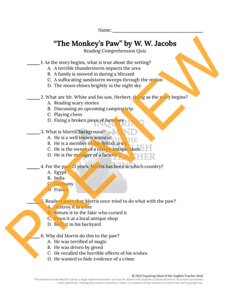 The Monkeys Paw Answer Key Worksheets Learny Kids The Monkey S Paw Worksheet - The Monkey's Paw Worksheet