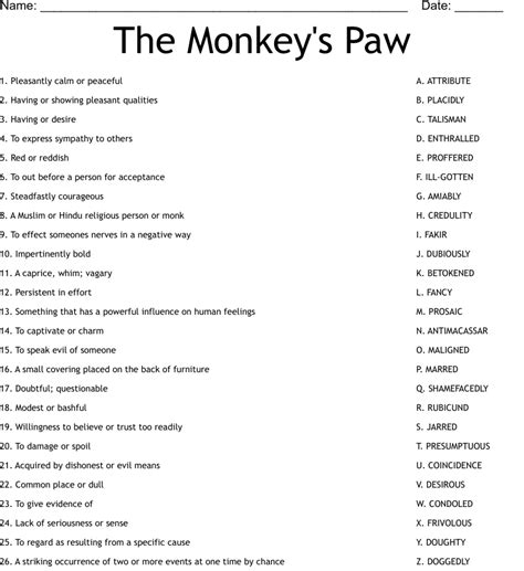The Monkeyu0027s Paw Worksheet Wordmint The Monkey S Paw Worksheet - The Monkey's Paw Worksheet