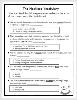 The Necklace Vocabulary Worksheet   The Necklace Vocabulary Quiz Teaching Resources Tpt - The Necklace Vocabulary Worksheet
