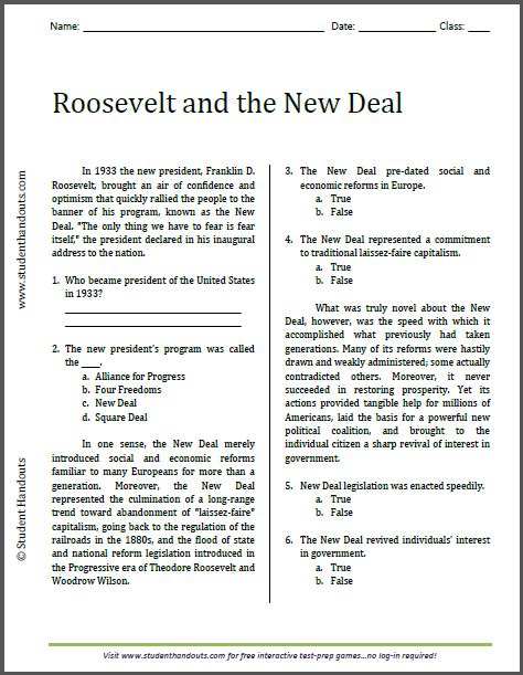 The New Deal Reading Comprehension Passage Printable Worksheet The Great Depression Worksheet - The Great Depression Worksheet