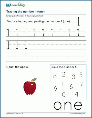 The Number 1 One Worksheet K5 Learning Kindergarten Number Worksheets 1 10 - Kindergarten Number Worksheets 1 10