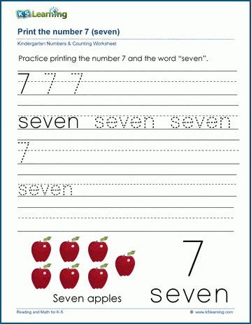 The Number 7 Seven K5 Learning 1 7 Worksheet Kindergarten - 1-7 Worksheet Kindergarten