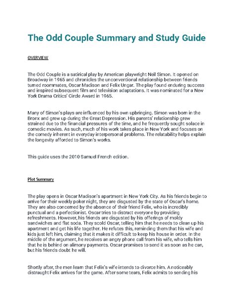 The Odd Couple Summary