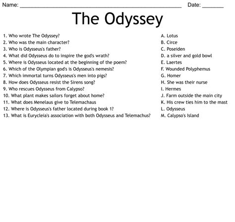 The Odyssey Worksheets Odyssey Vocabulary Worksheet - Odyssey Vocabulary Worksheet