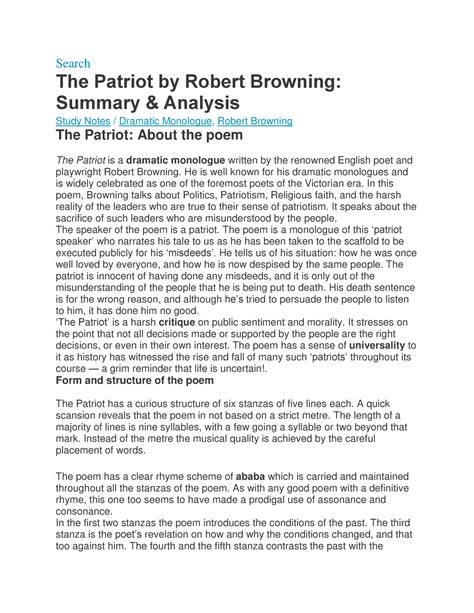The Patriot Summary And Analysis English The Patriot The Patriot Worksheet - The Patriot Worksheet