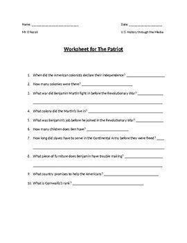 The Patriot Worksheet By Everything You Need Teachers The Patriot Worksheet - The Patriot Worksheet