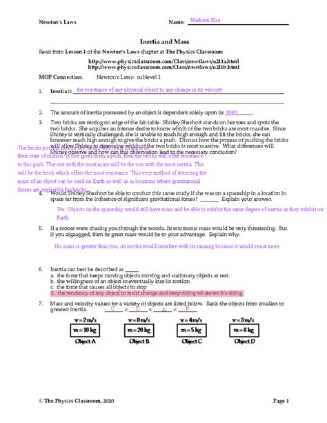 The Physics Classroom 2020 Answer Key