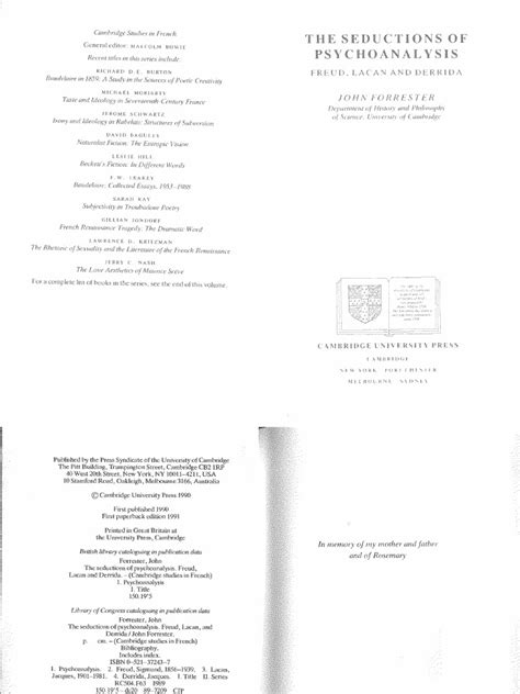 The Seductions Of Psychoanalysis: Freud, Lacan And Derrida ( Cambridge Studies In French)