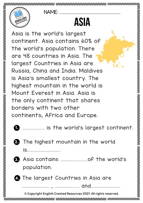 The Seven Continents Reading Comprehension Passage Printable Worksheet Seven Continents Worksheet - Seven Continents Worksheet