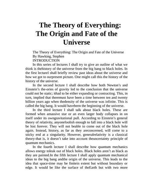 The Theory Of Everything Origin And Fate Universe Stephen Hawking