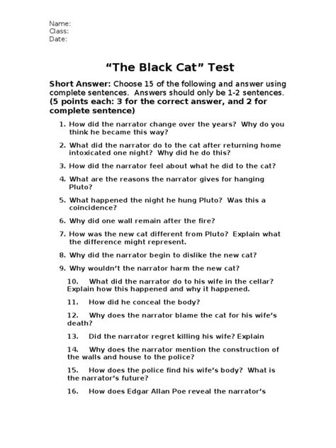 Read The Black Cat Test Sheet 