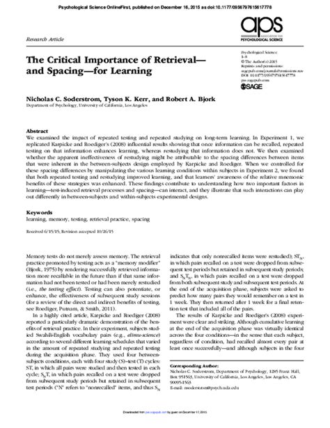 Read Online The Critical Importance Of Retrieval For Learning 