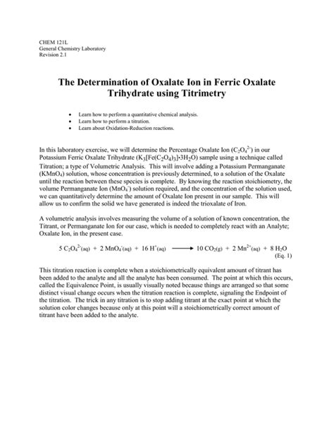 Download The Determination Of Oxalate Ion In Ferric Oxalate 