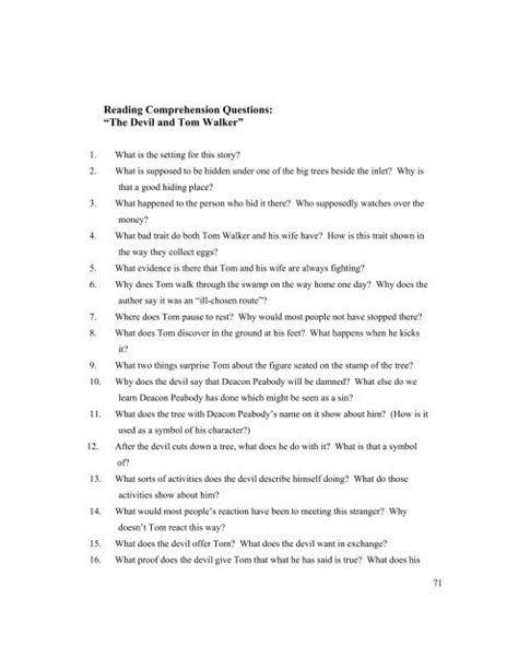 Download The Devil And Tom Walker Reading Comprehension Questions Answers 