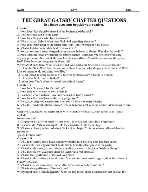 Download The Great Gatsby Answers To Questions By Chapter 