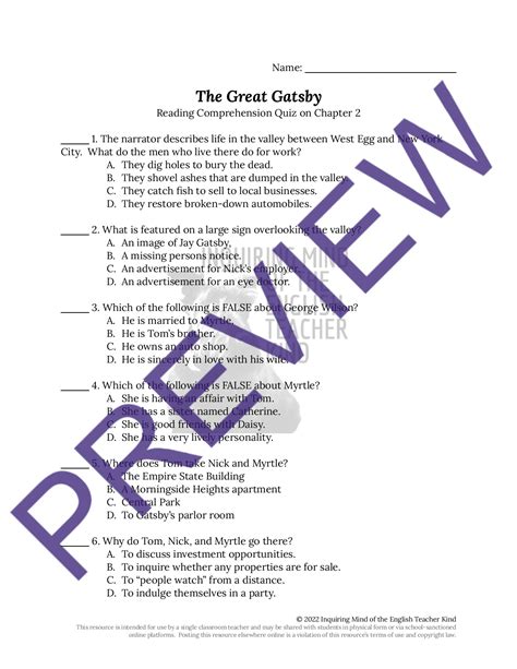 Read Online The Great Gatsby Questions And Answers Chapter 2 