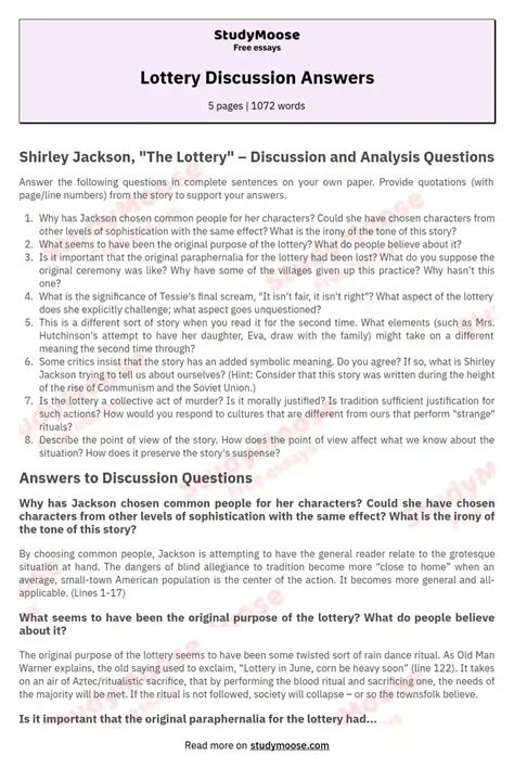 Download The Lottery Discussion Questions Answers 