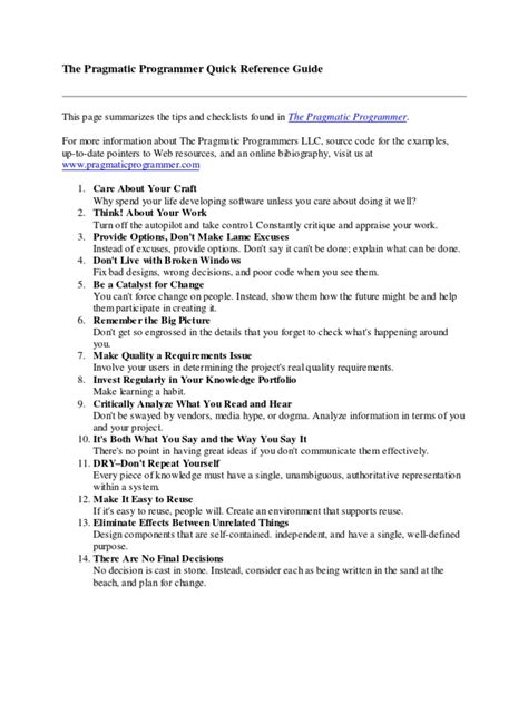 Full Download The Pragmatic Programmer Quick Reference Guide 