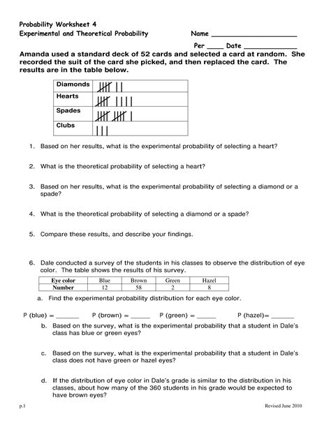 Theoretical Vs Experimental Probability Worksheet
