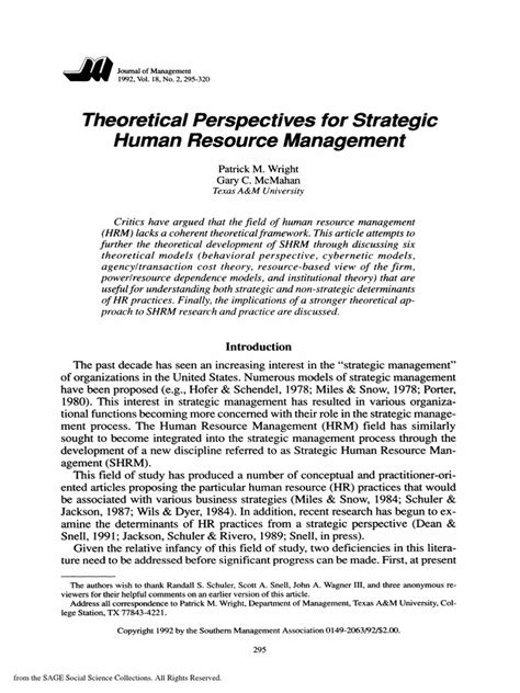Read Online Theoretical Perspectives For Strategic Human Resource 