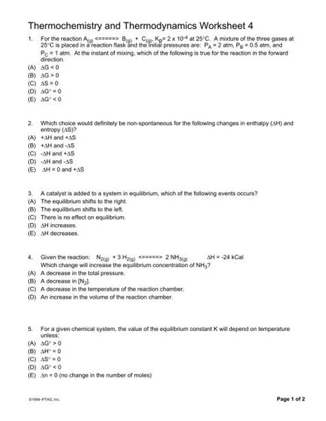 Thermodynamics Worksheet Physics