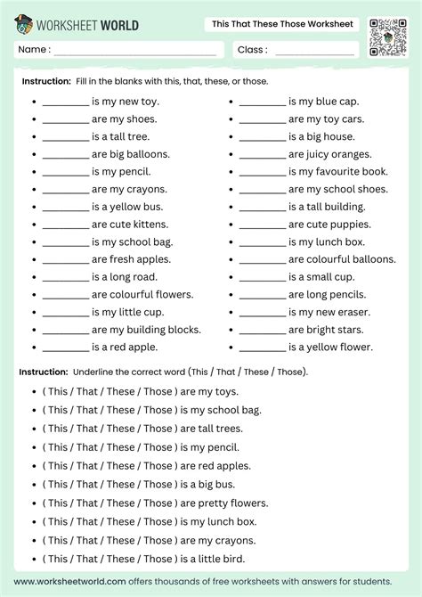 These Those Worksheet For Class 1
