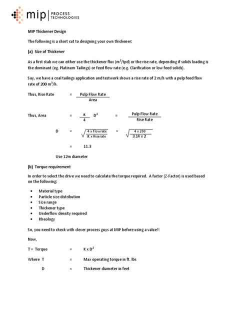Thickener Design Calculations