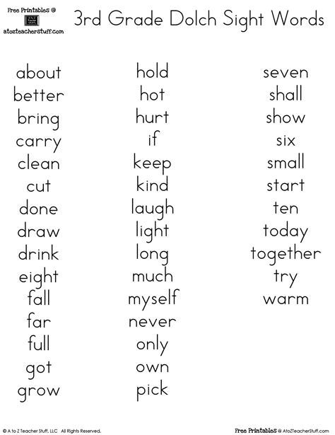 Third Grade Dolch Sight Word List Alphabetical Frequency 3rd Grade Dolch Words - 3rd Grade Dolch Words