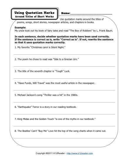 Third Grade Grade 3 Quotation Marks Questions For Quotations Worksheet Grade 3 - Quotations Worksheet Grade 3
