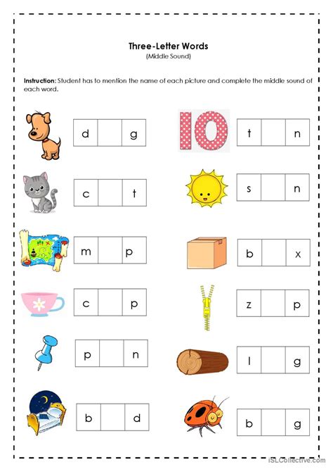Three Letter Words Middle Sound English Esl Worksheets 3 Letter Word Worksheet - 3 Letter Word Worksheet