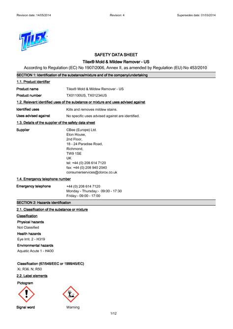 Tilex Mildew Remover Msds Sheet