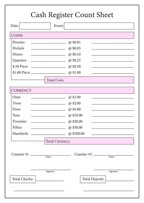 till money counting form template