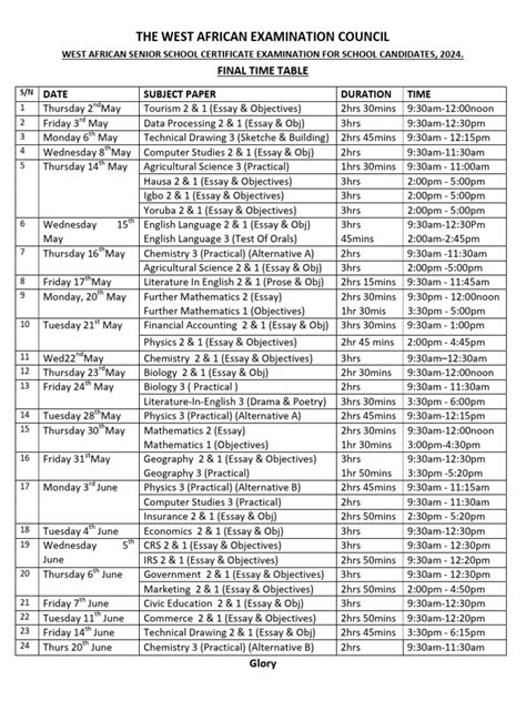 Time Table For Junor Waec
