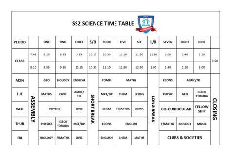 time table for ss2 joint examination