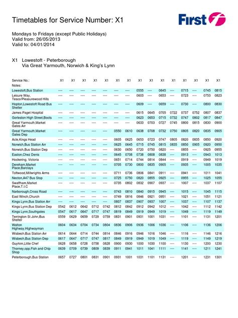 Timetable For X1 Bus