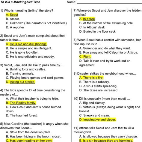 To Kill A Mockingbird Test Questions And Answers