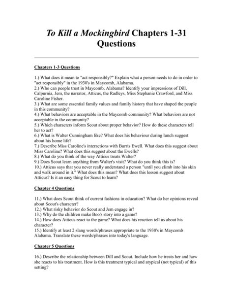 Read To Kill A Mockingbird Chapter Questions 