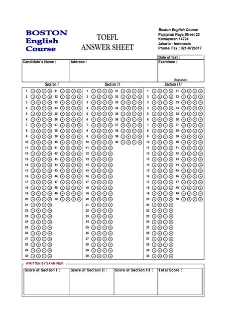 toefl answer sheet