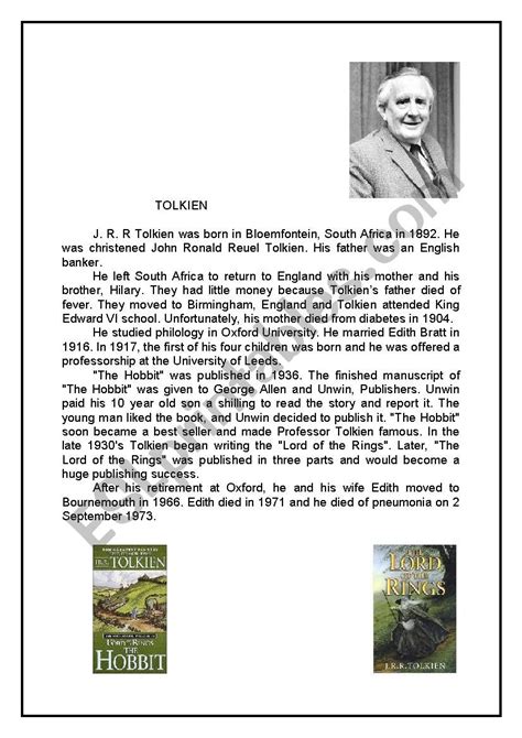 tolkien biography summary worksheet