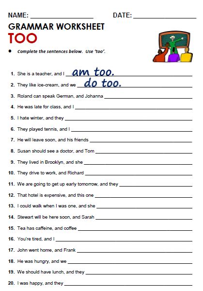 Too All Things Grammar To Two And Too Worksheet - To Two And Too Worksheet